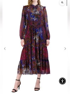 NWT Julia Jordan Long Sleeve Ruffle Drawstring Floral Tiered Midi Dress